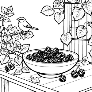 Süße Stachelbeeren mit Vogel Malbild für mutige Gartenfreunde