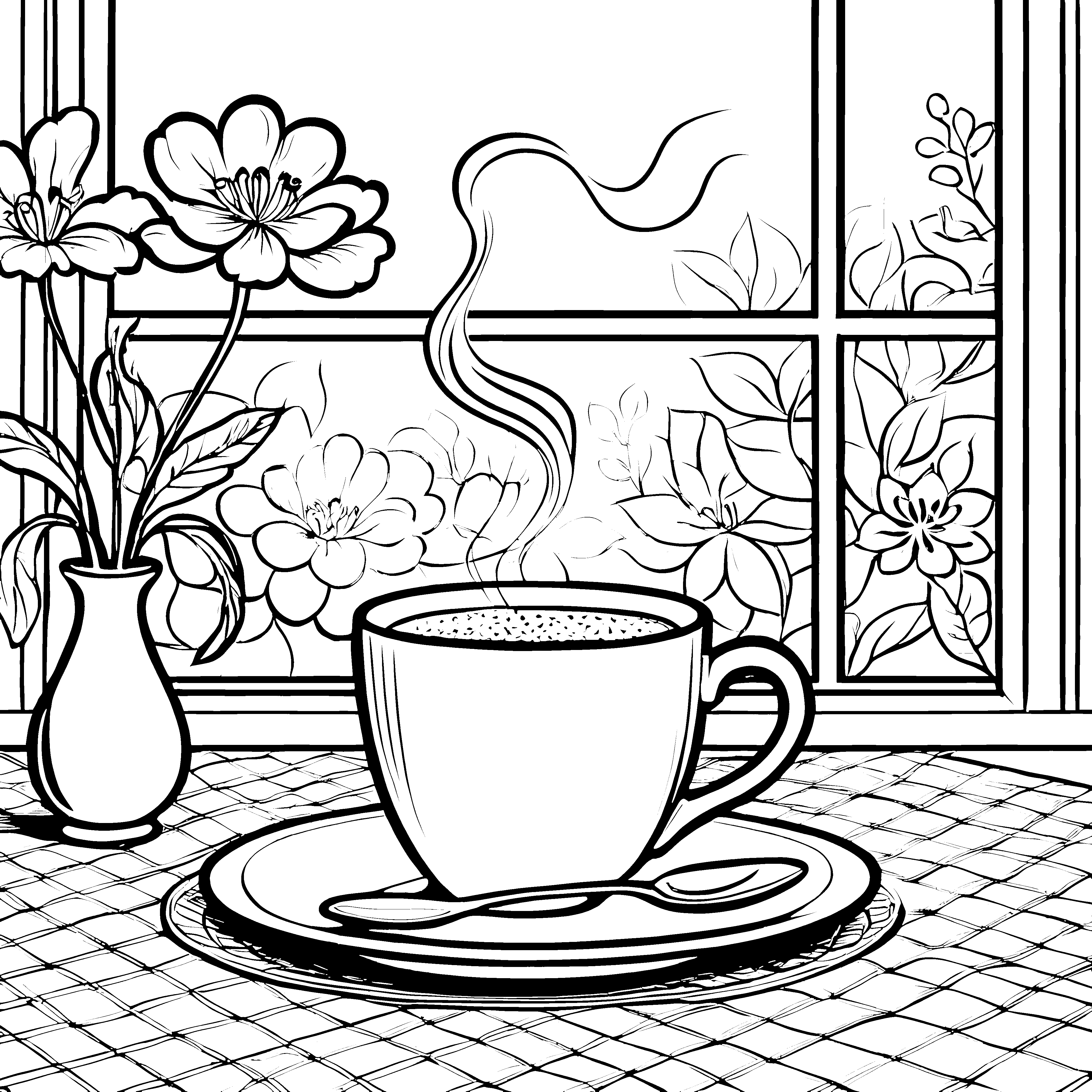 Dampfender Kaffee mit Blumenstrauß Bastelmotiv für kleine Genießer
