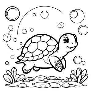 Fröhliche Kawaii-Schildkröte unter Luftblasen Malvorlage für mutige Meeresbewohner