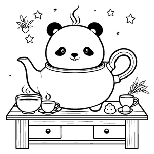 Munterer Panda in der Teekanne Ausmalbild für kleine Teezeitfreunde