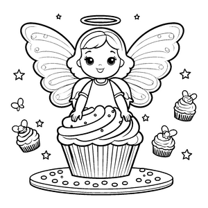 Süßer Kawaii Engel auf Cupcake Malvorlage für verträumte Naschfreunde