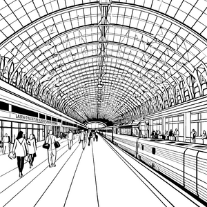 Stolzer Bahnhof mit Glasdach und Bahnsteigen Bastelmotiv für neugierige Reisegäste