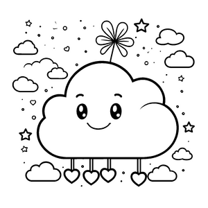 Heiteres Kawaii-Wolkengesicht mit Herzen Malvorlage für mutige Himmelsfarben
