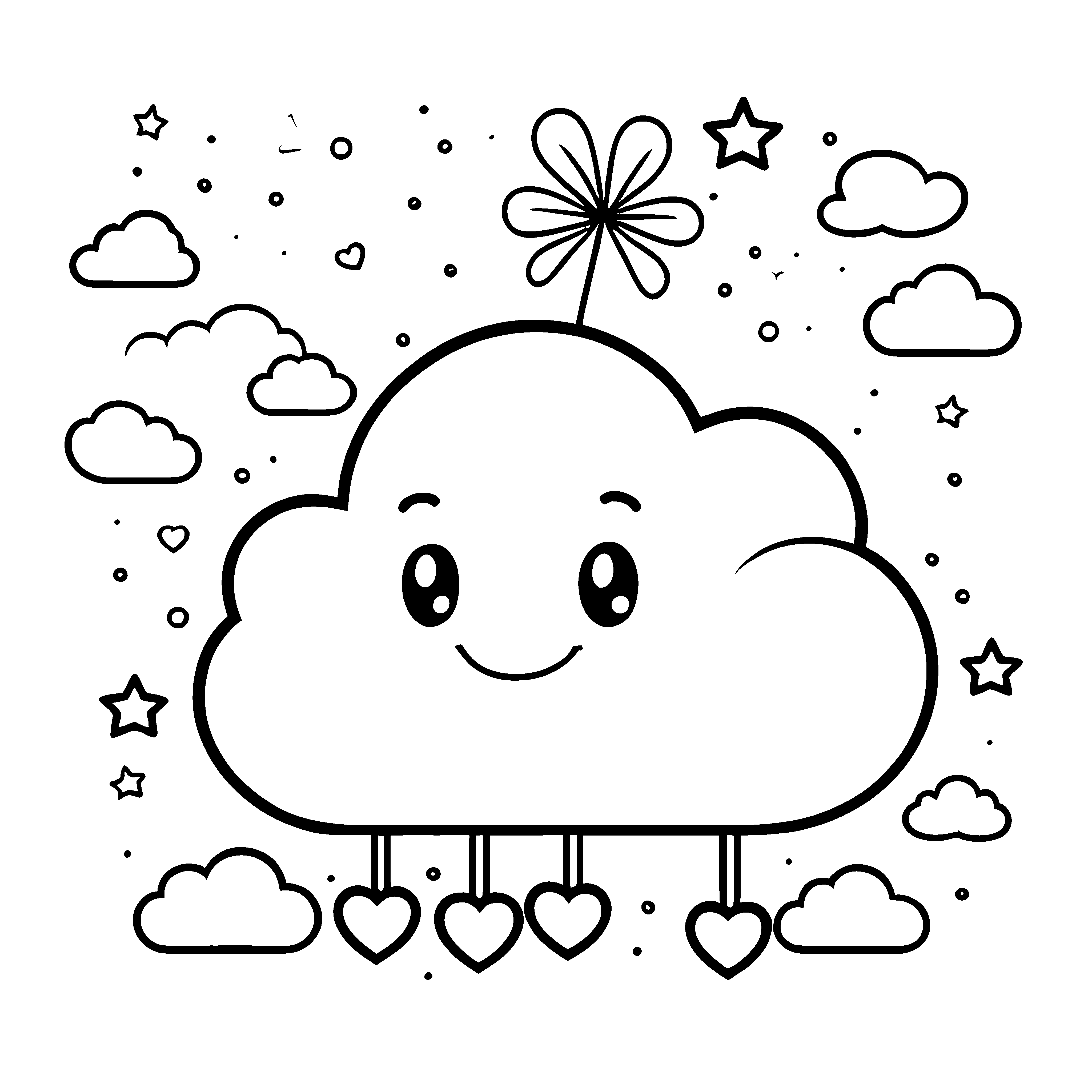 Heiteres Kawaii-Wolkengesicht mit Herzen Malvorlage für mutige Himmelsfarben