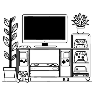 Üppiges Gaming-Regal mit Gamepads Malbild für Technikfans