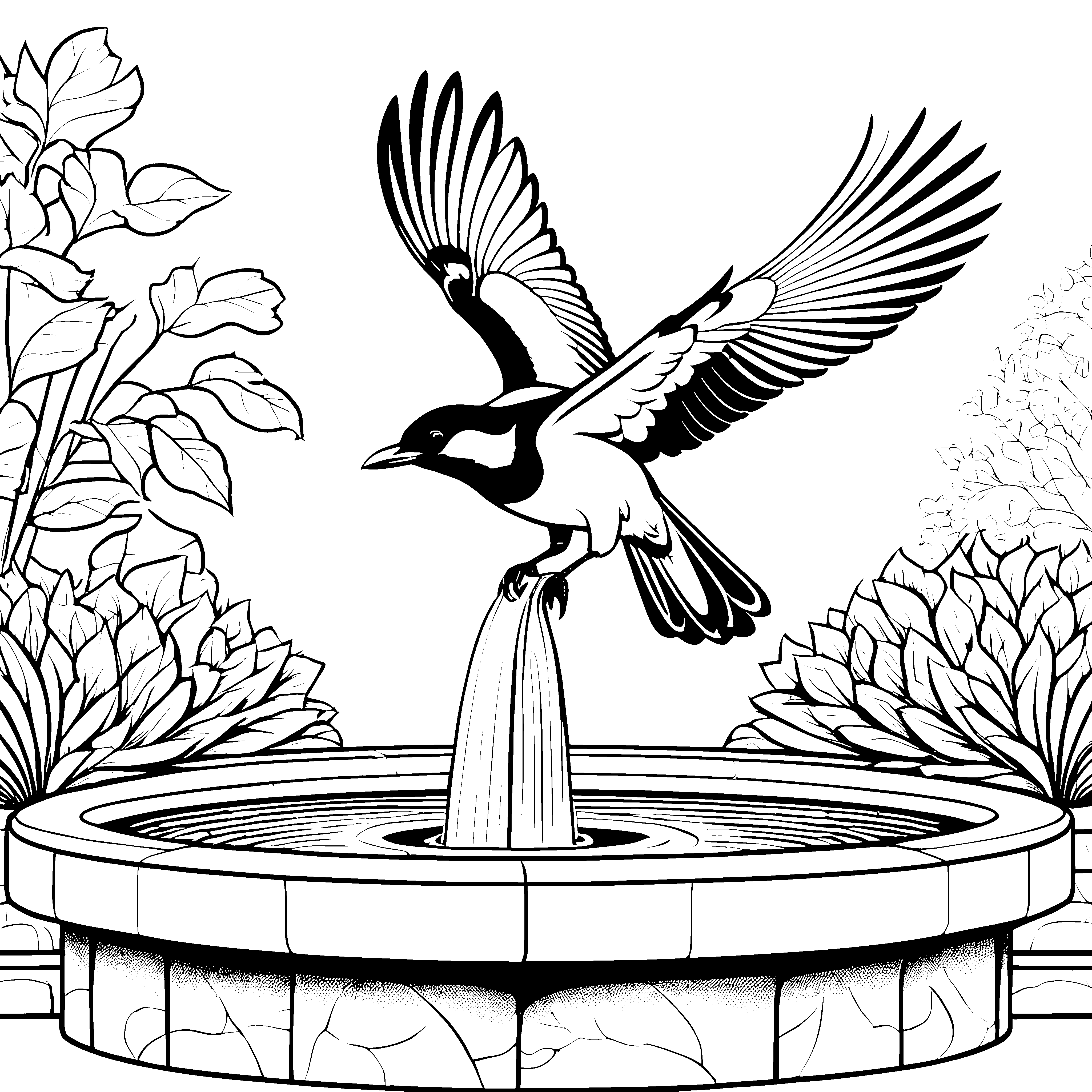 Dynamische Elster am Brunnen Malbild für mutige Wasserforscher