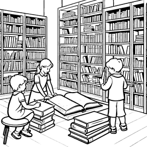 Neugierige Schulkinder in der Bibliothek Bastelvorlage für mutige Lesefreunde