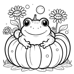 Heiterer Kawaii-Frosch auf Kürbis Ausmalbild für mutige Gartenfreunde