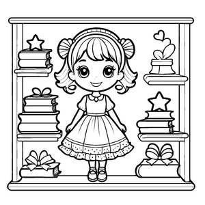 Verspieltes Kawaii Mädchen im Bücherregal Bastelmotiv für verträumte Leseratten