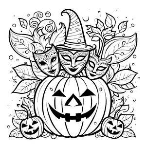 Mystische Masken auf Kürbissen Malvorlage für Malfreudige Herbstfreunde