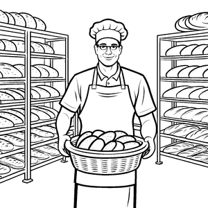 Herzlicher Bäcker mit Brotkorb Malbild für verträumte Gebäckfans