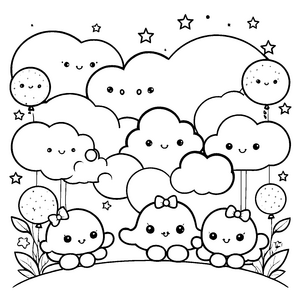 Niedliche Kawaii-Wolken mit Tieren Malbild für fröhliche Wiesenbewohner