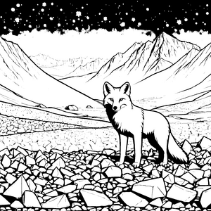 Wachsamer Polarfuchs vor Bergen Ausmalbild für junge Bergforscher