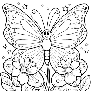 Freudiger Kawaii-Schmetterling mit Sternen Ausmalbild für mutige Blumenkinder