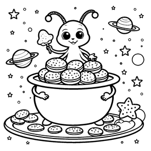 Verspieltes Kawaii-Alien mit Kekstopf Malvorlage für mutige Gebäckfreunde