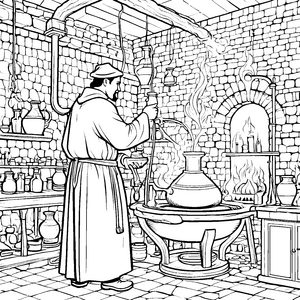 Mystischer Alchemist mit brennendem Kessel Malvorlage für fröhliche Laboranten