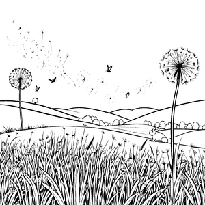 Luftige Pusteblumen mit fliegenden Vögeln Malbild für fröhliche Wiesenlöwen