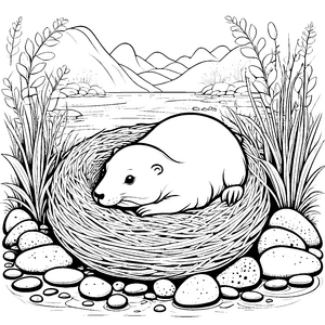 Sanftes Schnabeltier-Baby im Schilfnest Ausmalbild für verträumte Flussfreunde