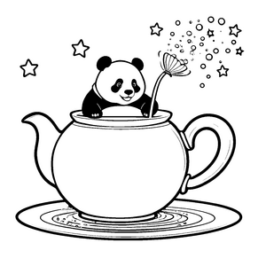 Zauberhafter Panda in der Teekanne Malvorlage für kleine Träumer