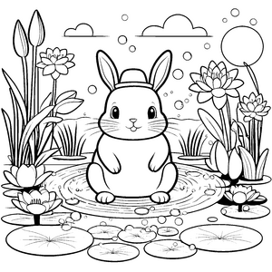 Ruhiges Kawaii-Kaninchen bei Seerosen Bastelvorlage für verträumte Wasserwesen