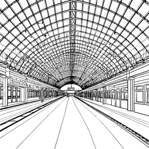 Imposanter Bahnhof mit Zügen und Glasdach Ausmalvorlage für malfreudige Fahrgäste