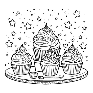 Zauberhafte Kawaii-Cupcakes mit Herzchen Malbild für kreative Naschträumer