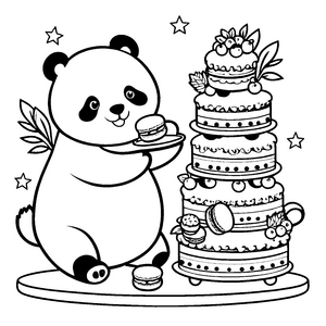 Festlicher Panda mit Hochzeitstorte Bastelvorlage für malfreudige Süßigkeitenfans