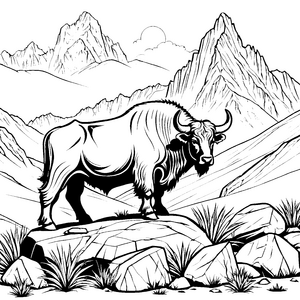 Kraftvoller Yak auf Felsen Ausmalvorlage für junge Hochlandfreunde