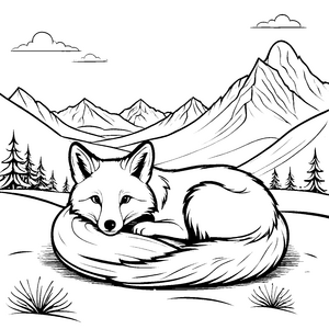 Schlafender Polarfuchs vor Bergen Bastelvorlage für malfreudige Winterträumer