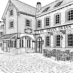 Prachtvolle Taverne mit Außentischen Ausmalbild für kleine Gaststubenfreunde