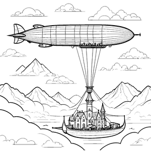 Mystische Zeppeline über Schloss Malvorlage für kreative Luftfahrtfreunde