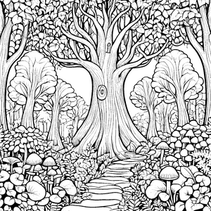 Uralter Baum mit Steinpfad Ausmalbild für neugierige Waldspazierer