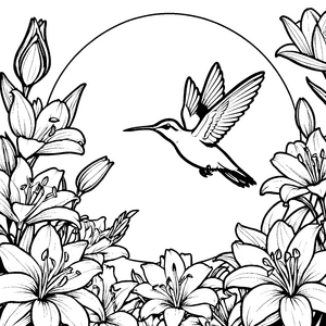 Eleganter Kolibri inmitten von Lilien Ausmalvorlage für malfreudige Naturträumer