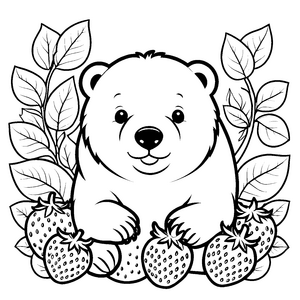 Herzlicher Kawaii-Eisbär mit Erdbeeren Malbild für neugierige Beerenfreunde