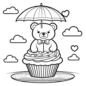 Ruhiger Kawaii Teddybär auf Cupcake Malvorlage für neugierige Gebäckfreunde