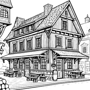 Rustikale Taverne mit Holzbänken Malbild für kleine Wirtshoffreunde