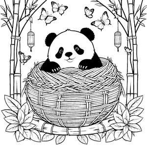 Behaglicher Panda im Weidenkorb Ausmalbild für mutige Bambusfreunde