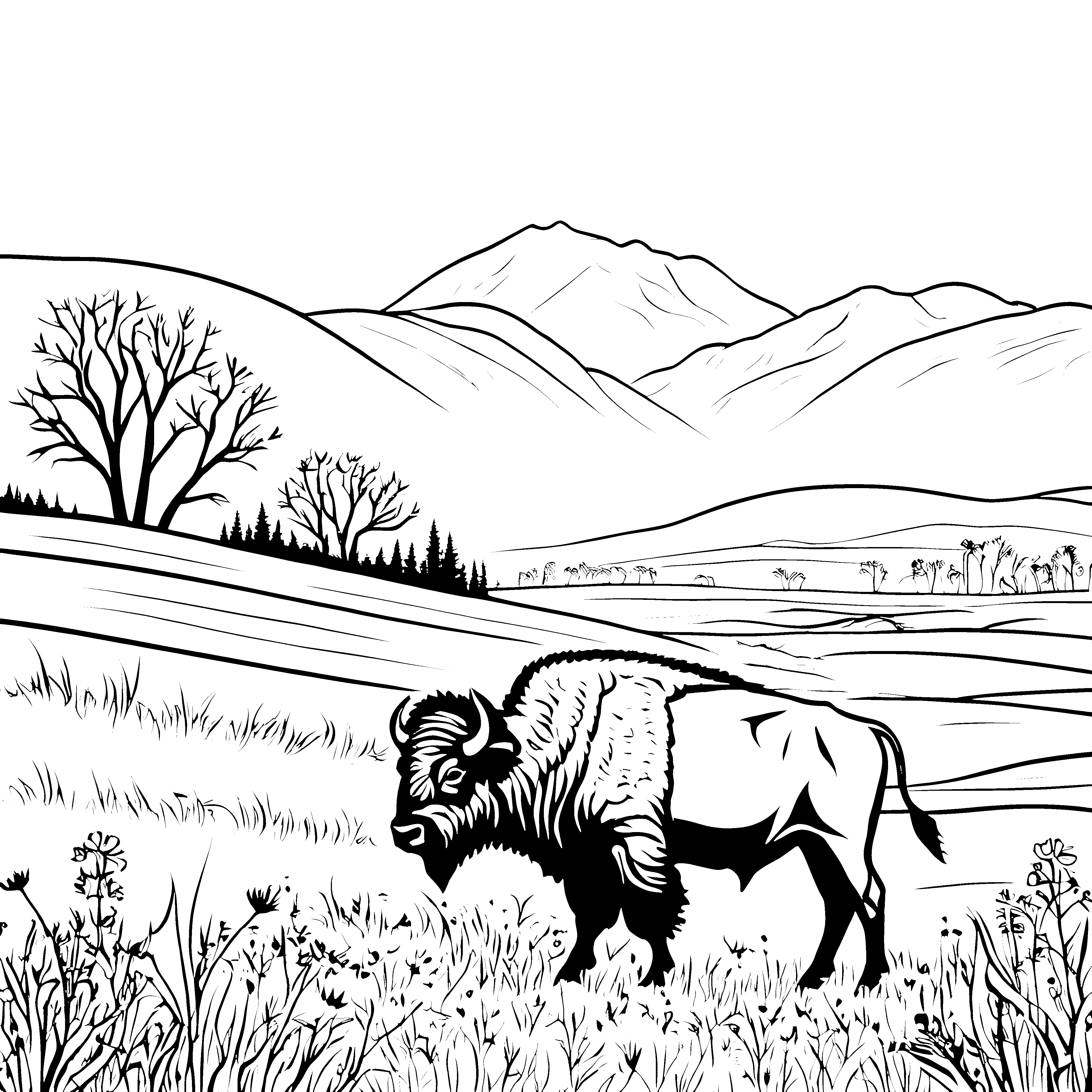 Riesiger Bison in hohen Gräsern Malvorlage für kleine Wiesenfreunde
