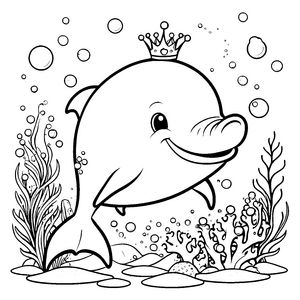 Prinzessinnenhafter Kawaii-Delfin mit Krone Malbild für kleine Korallenfreunde