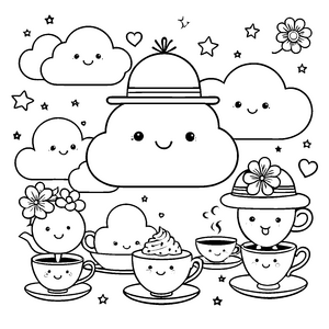 Magisches Kawaii-Wolkenfest mit Kannen-Malbild für verträumte Teetrinker