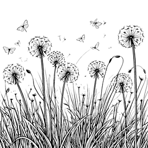 Windige Pusteblumen mit Schmetterlingen Malvorlage für malfreudige Blumenstaubchen
