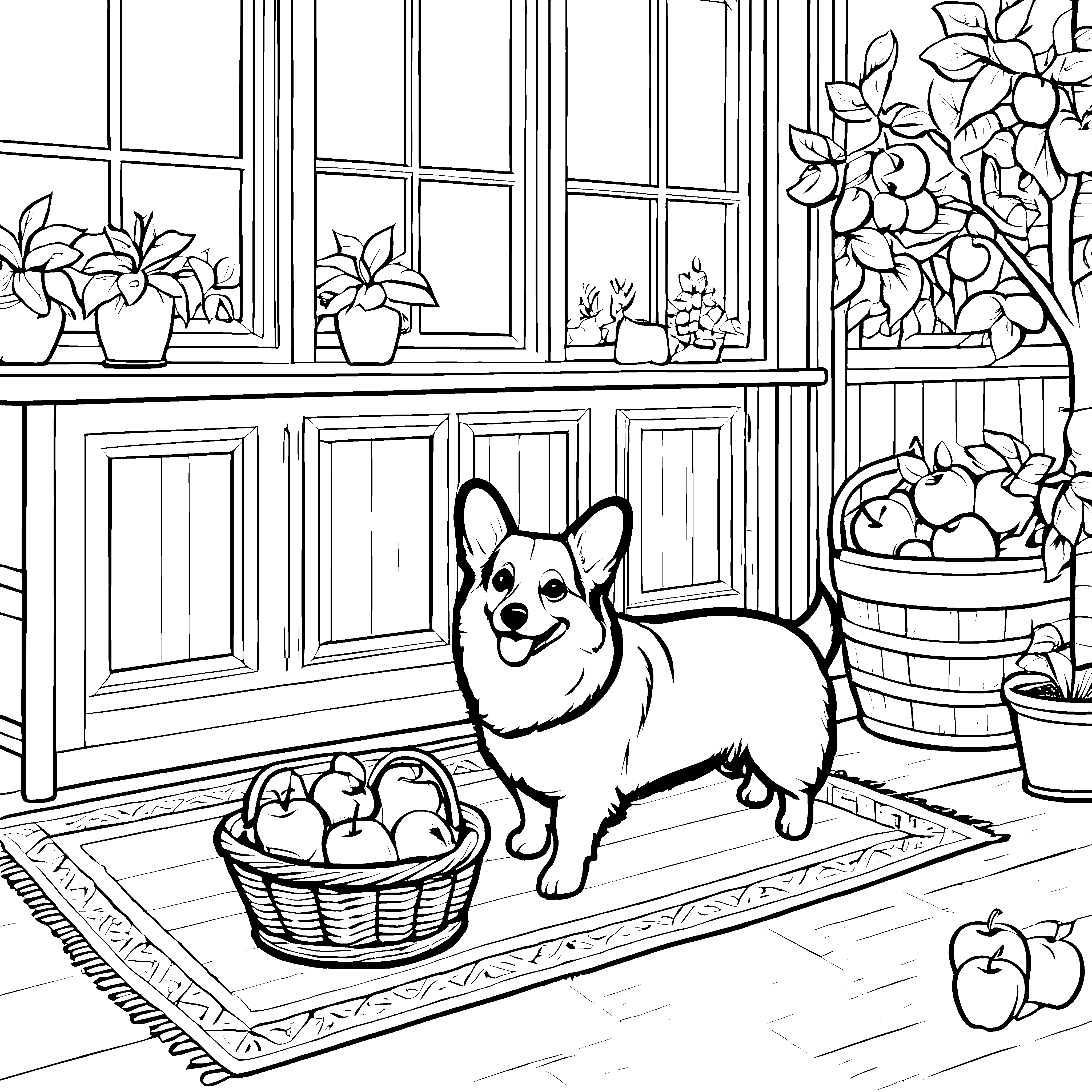 Fröhlicher Corgi mit Apfelkorb Ausmalvorlage für Obstliebhaber