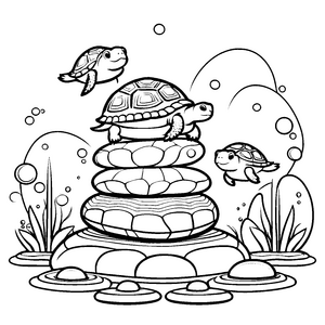 Tanzende Kawaii-Schildkröten auf Steinen Malvorlage für verträumte Wasserbewohner