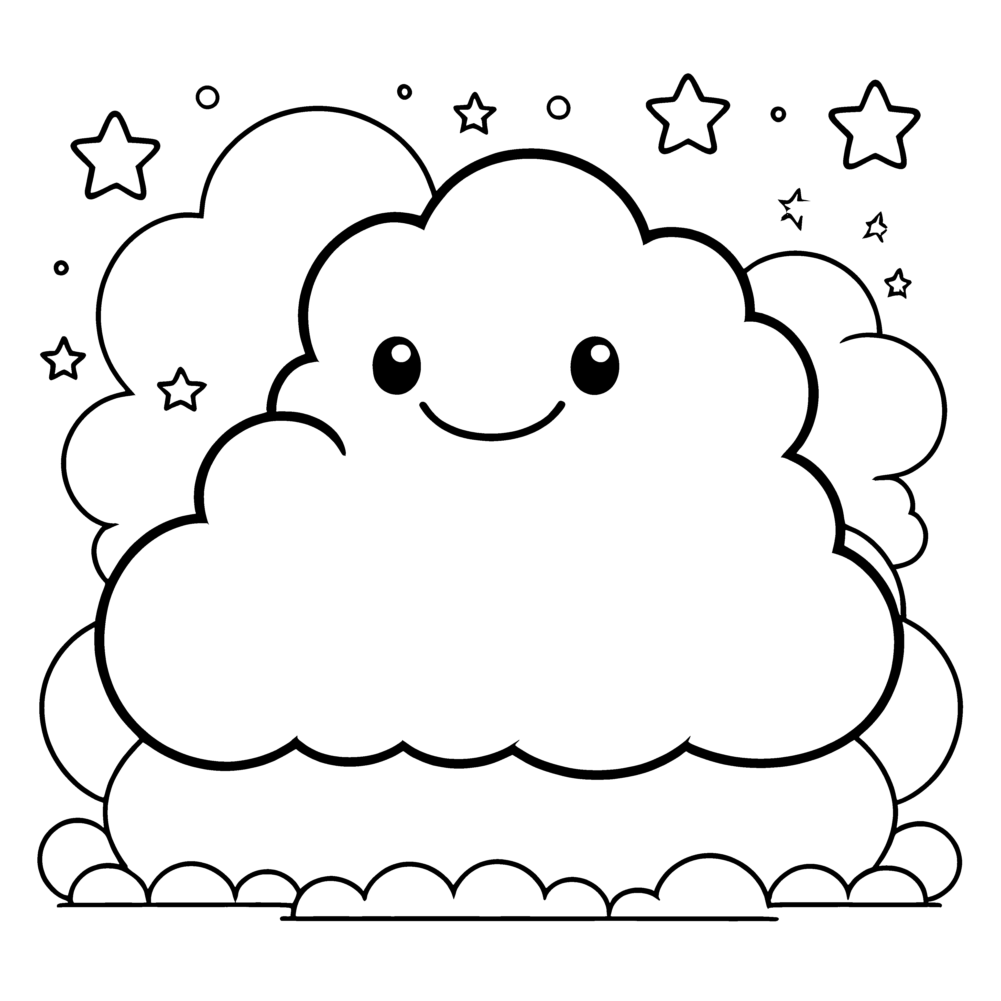 Flauschige Kawaii-Wolke mit Sternen Malbild für neugierige Himmelsbummler
