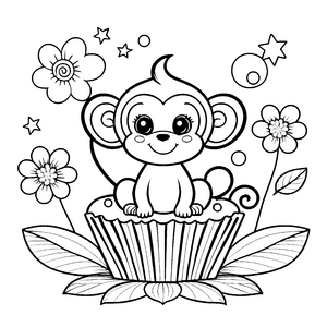 Verspielter Kawaii-Affe auf Cupcake-Bastelmotiv für kleine Naschfreunde