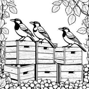 Verspielte Elstern auf Holzkisten Ausmalbild für kreative Obstliebhaber