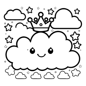 Freundliche Kawaii-Wolke mit Krone Bastelmotiv für junge Himmelsreisende