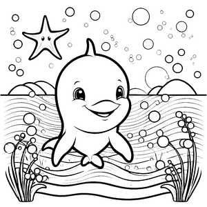 Strahlenfroher Kawaii-Delfin mit Seestern Ausmalbild für kleine Meeresbewohner