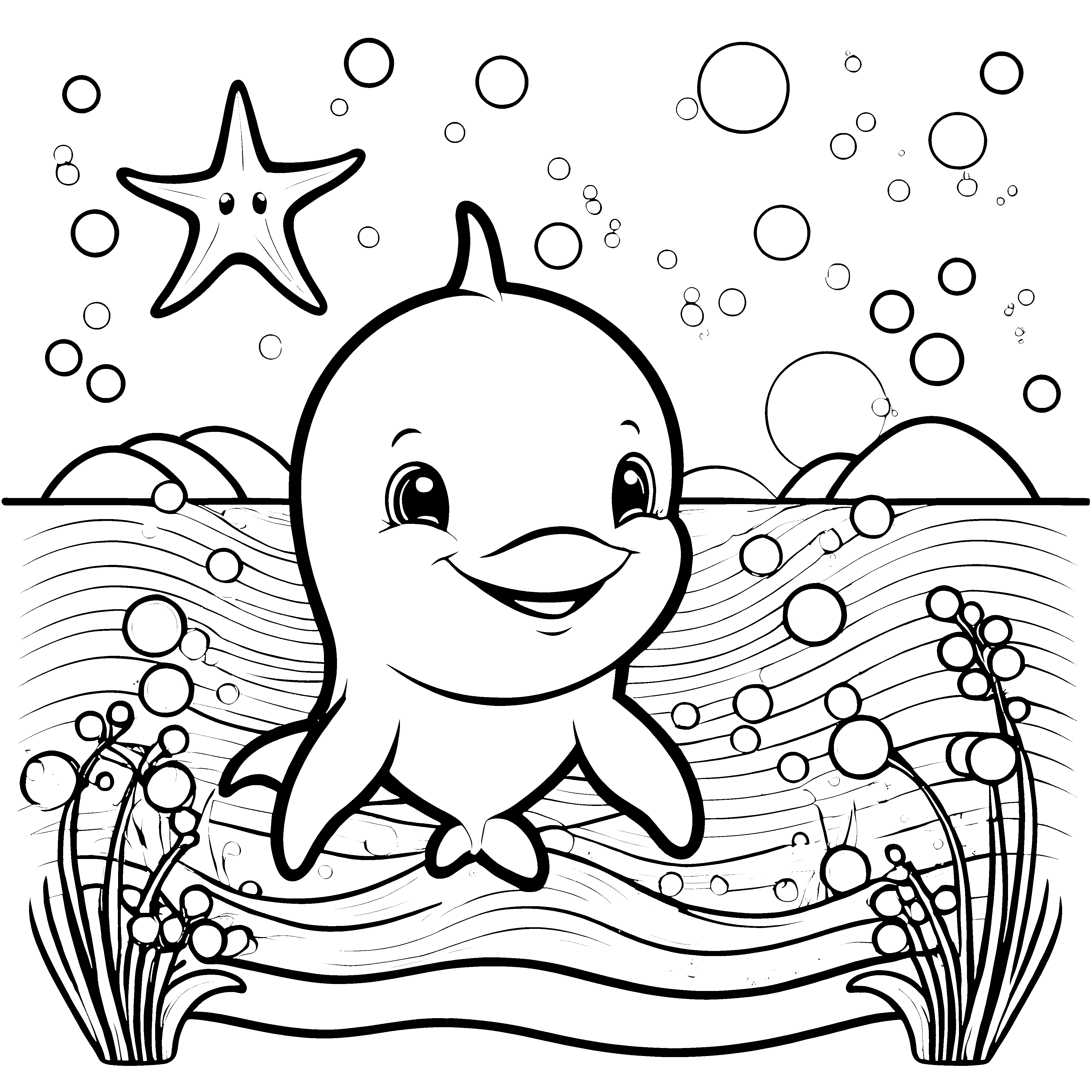 Strahlenfroher Kawaii-Delfin mit Seestern Ausmalbild für kleine Meeresbewohner