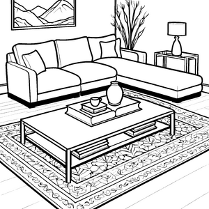 Modernes Wohnzimmer mit Couchtisch Ausmalbild für neugierige Einrichtungsbegeisterte